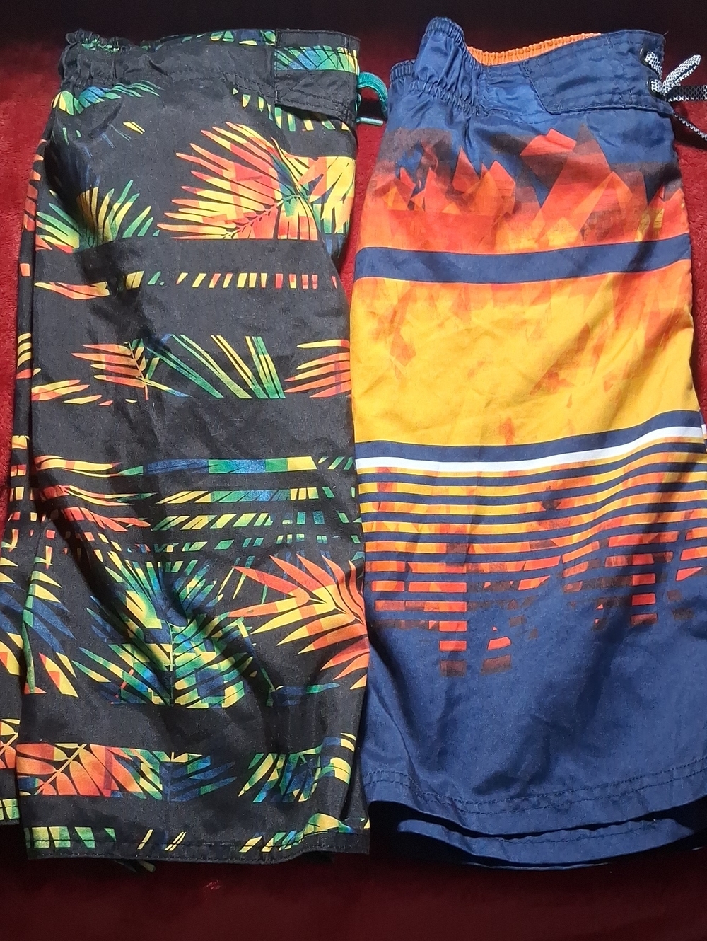 Boys' Vibrant Tropical & Sunset Swim Trunks - Blue, Black, Orange, Yellow